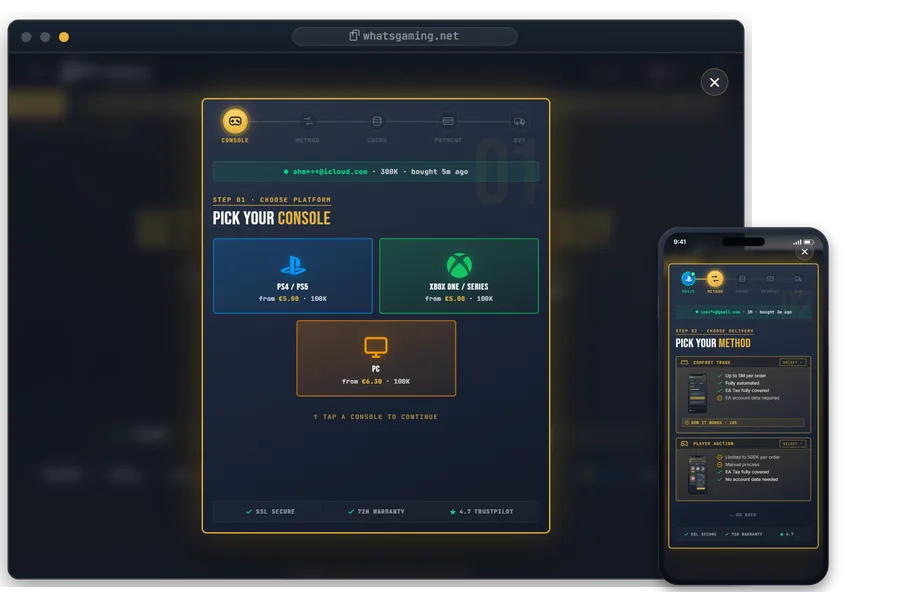 WhatsGaming 购买框:桌面端选择主机,移动端选择交易方式