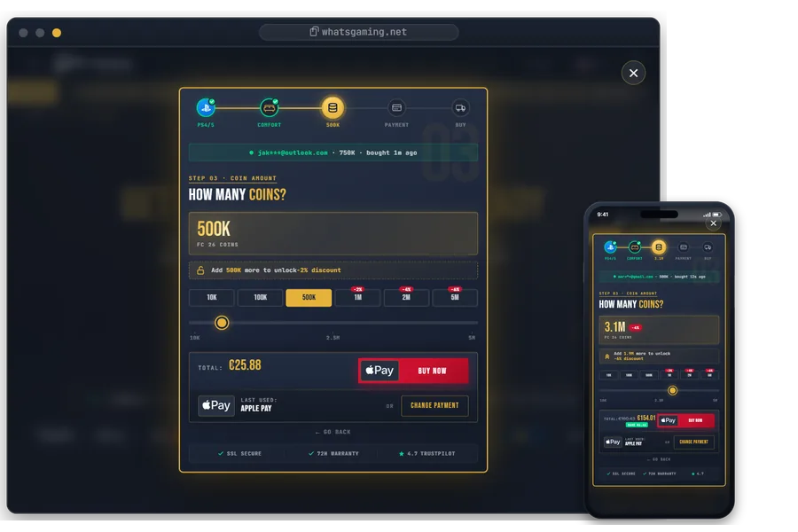 WhatsGaming 购买框中的金币数量滑块,桌面端为 500K,移动端为 3.1M,价格随之更新
