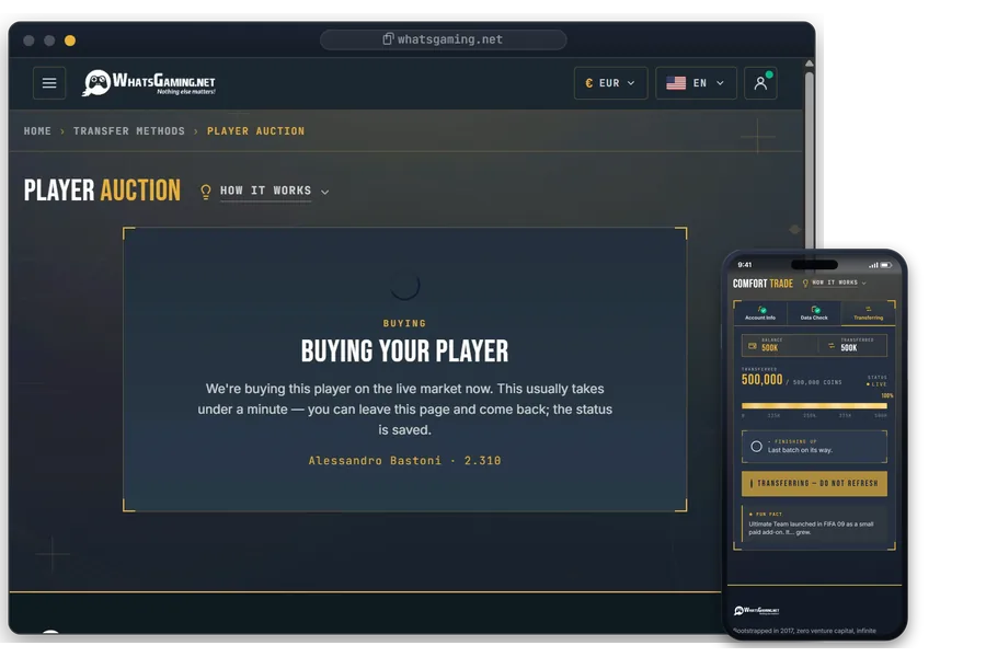 桌面端为 Player Auction 买下已挂牌的球员,移动端为正在进行的 Comfort Trade 转移
