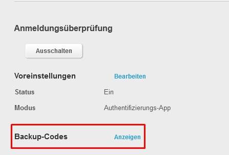 Backup Codes Anzeigen