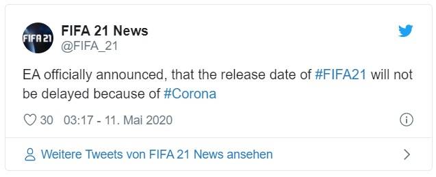 Tweet de anuncio de fecha de lanzamiento de FIFA 21